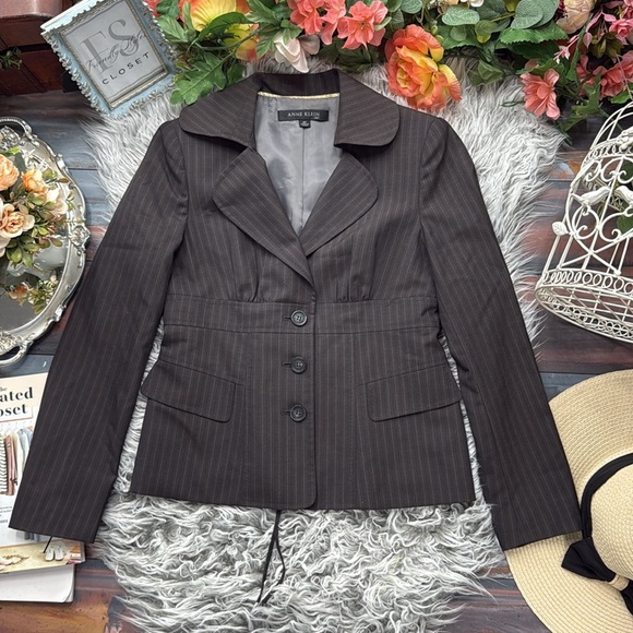 Anne Klein Gray Pinstripe Corset Laceup Lightweight Wool Blend Blazer, 4P - Picture 1 of 8